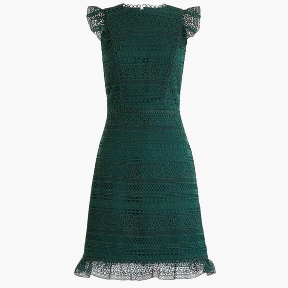 J. Crew Green Capsleeve Ruffle LaceDress Evergreen - Picture 2 of 4